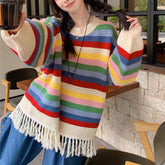 Rainbow Striped Tassel Hollow Out Sweater